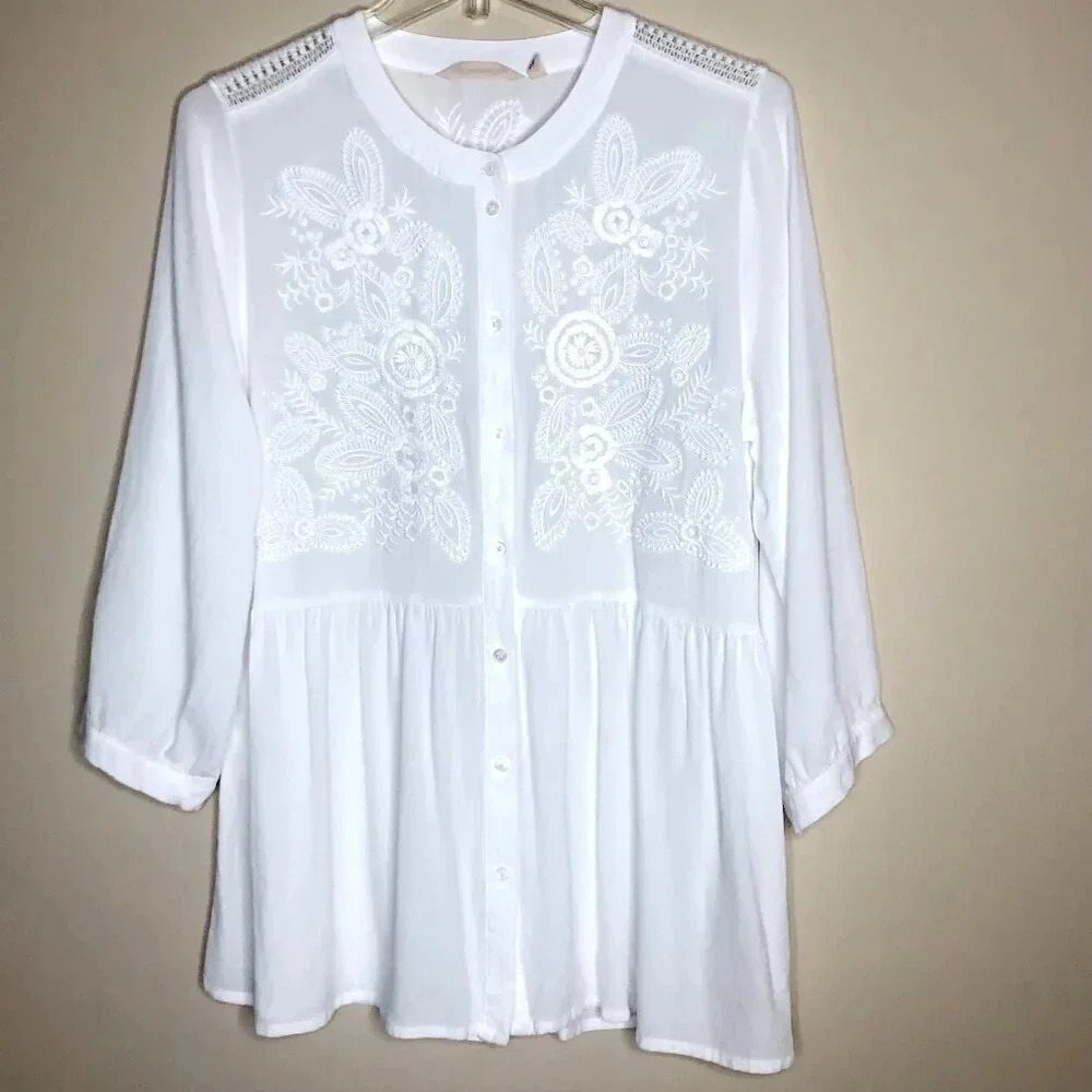 Soft Surroundings Embroidered Boho Beautiful Blouse, White, Size M